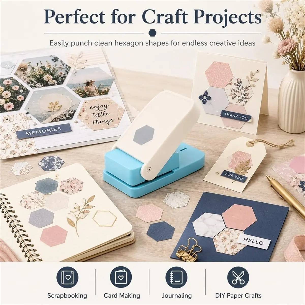 1.5 Inch Hexagon Punch for Scrapbooking and Card Making,Zinc-Alloy Mechanism and ABS Housing for 100 to 200 Gsm Paper