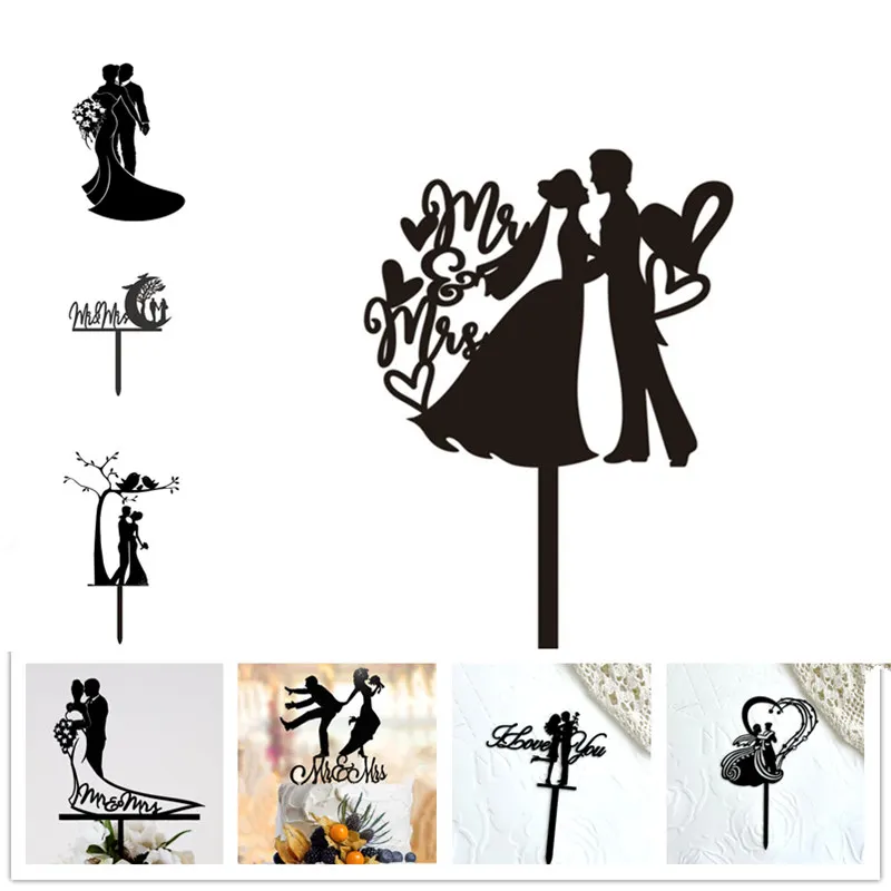 Ins Mr&Mrs Happy Wedding Cake Topper Black Acrylic Bride Groom Valentine\'s Day Party Cake Topper Wedding Gift Dessert Decoration