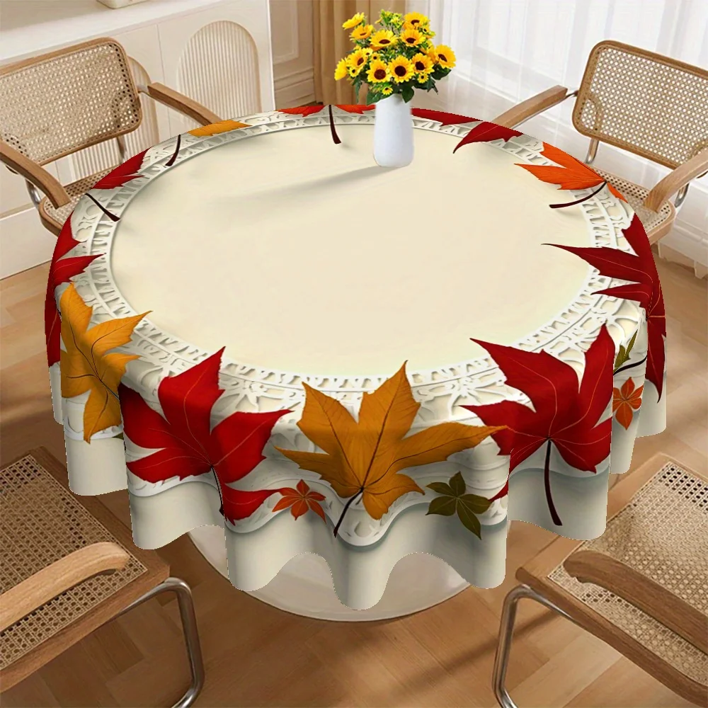 1pc Autumn Maple Leaf Print Tablecloth - Round Peach Light Brown Polyester, Machinezyc