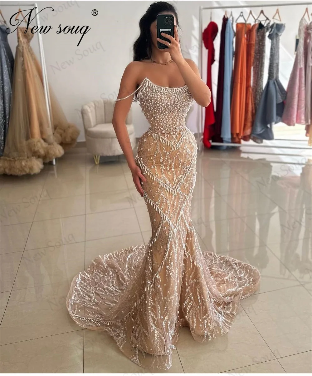 Champagne Mermaid Prom Dresses Custom Made Pearls Spaghetti Straps Celebrity Gowns Dubai Wedding Evening Dress Vestidos De Gala