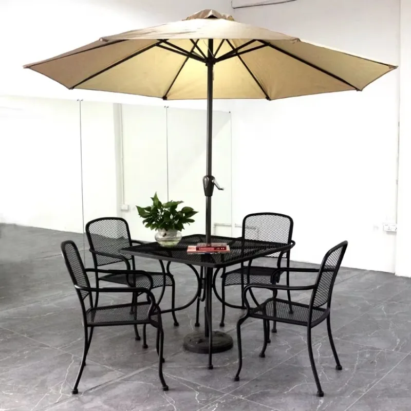 

Outdoor patio dining table and 4 stackable chair furniture set with umbrella