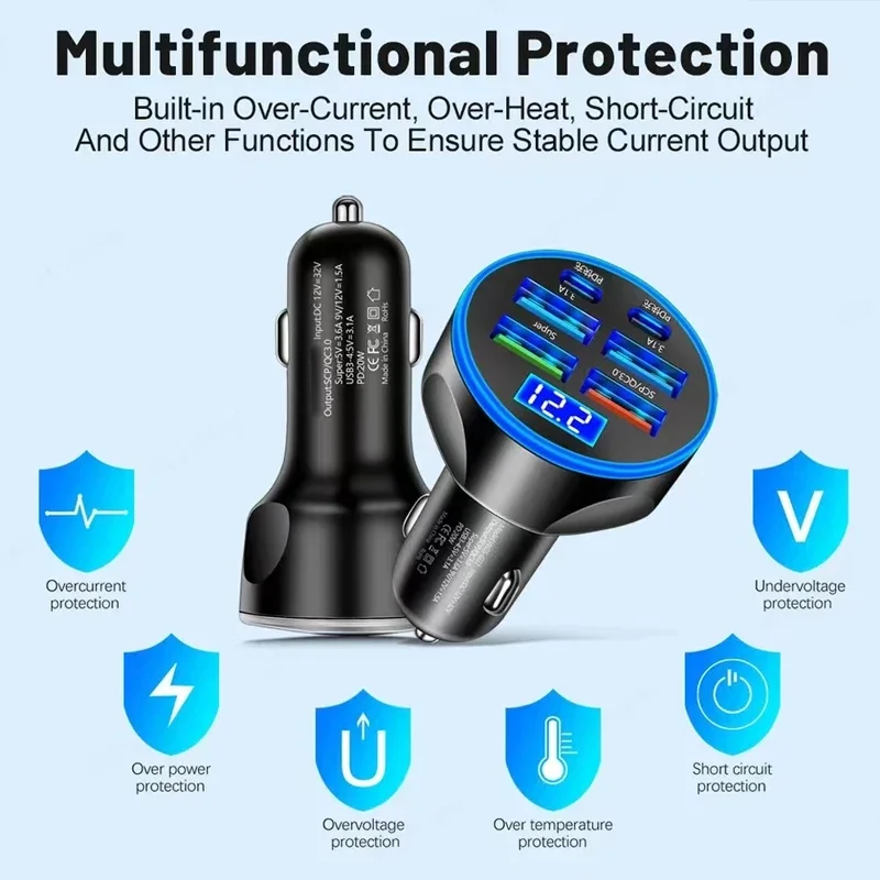 USB C Car Charger Adapter 4 USB A and 2 PD Super Fast Charge with Voltage Monitor for iPhone Samsung Huawei Vivo OPPO Oneplus