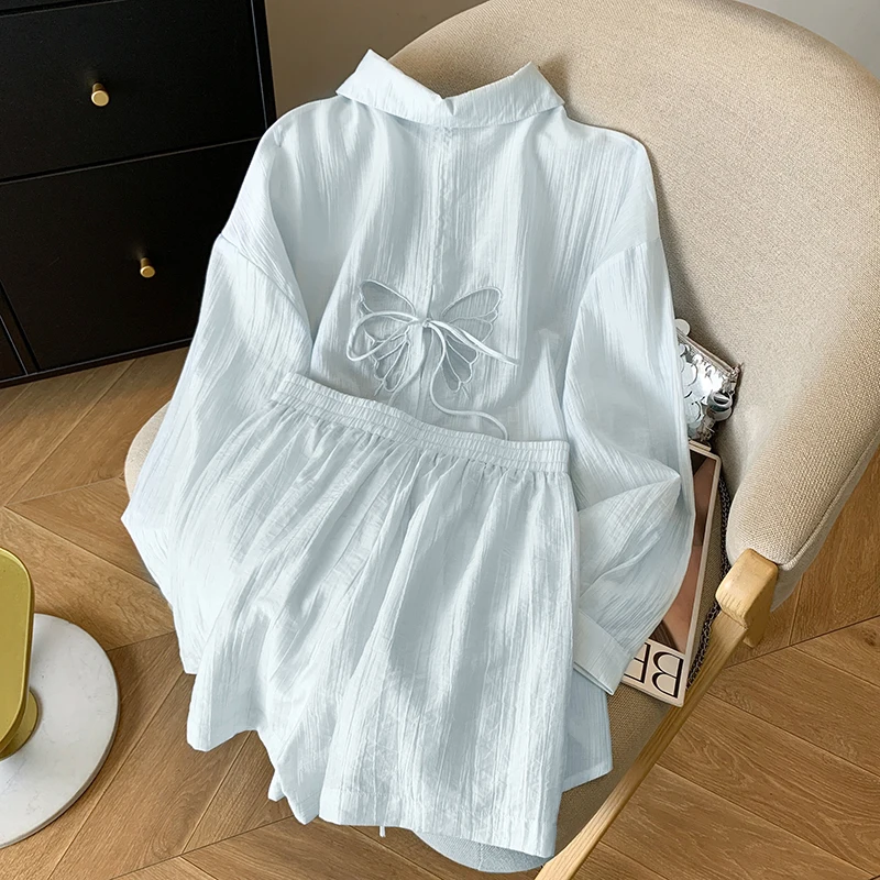 

Gothiscyn Casual Set Women's Summer Embroidered Butterfly Loose Long-sleeved Shirt Elastic Waist Shorts Two-piece Set