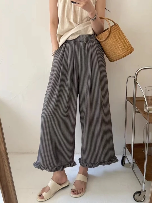 

Широкие брюки с высокой талией, полосатые брюки с банановым узором, эластичная талия, девять очков, утягивающие брюки больших размеров для женщин