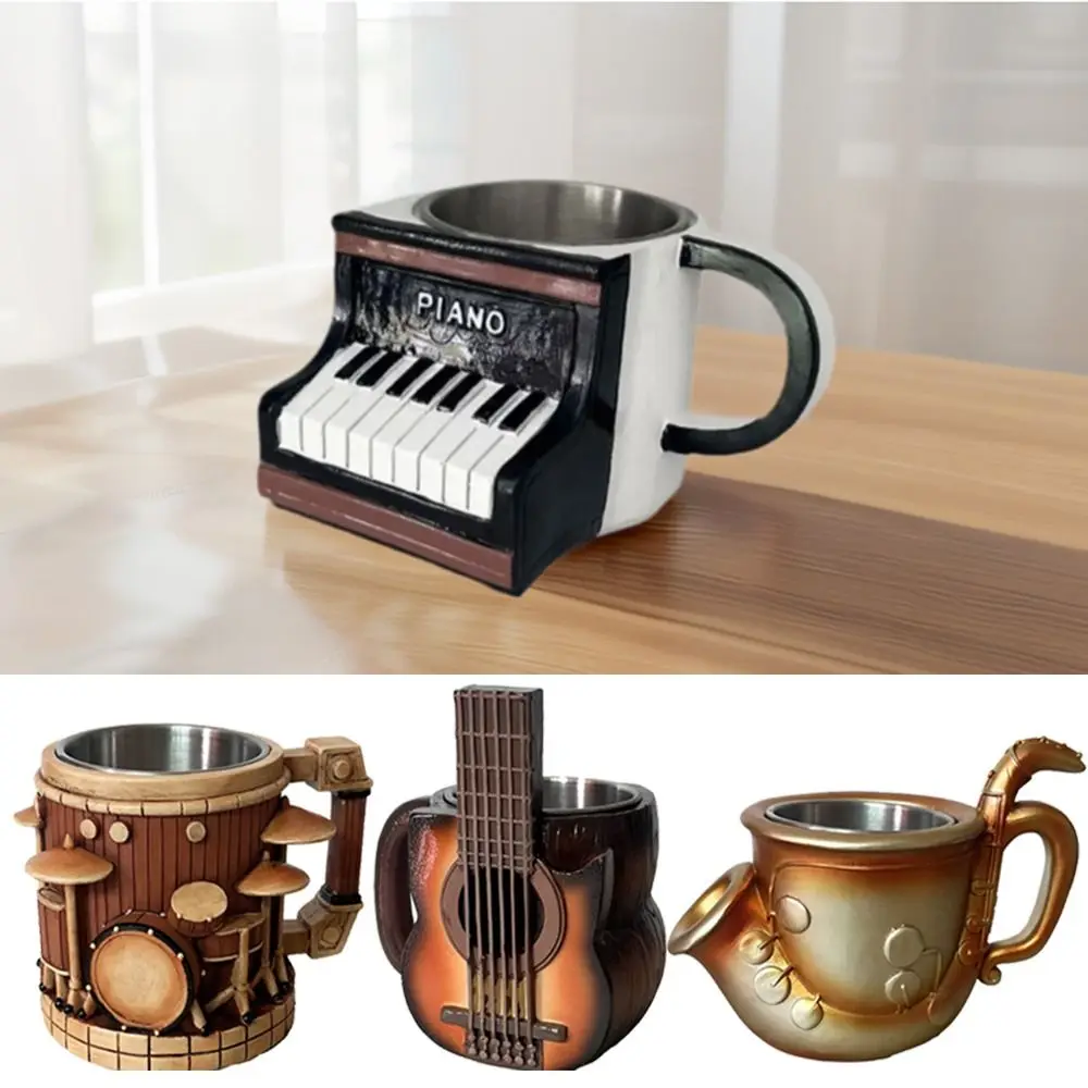 Stainless Steel Musical Instrument Coffee Mug Handcrafted Ornament Guitar Style Water Cup Durable Comfortable Handle
