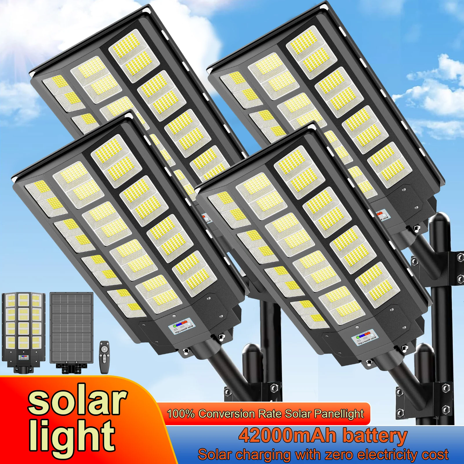 

4-Pack 9000W Super Bright Large Solar Street Light, IP65 Waterproof LED Commercial Flood Light, Dusk-to-Dawn Auto On/Off, Motion Sensor & Remote Control, Easy Installation, Ideal for Yard, Patio, Garage, Basketball Court and Parking Lot Outdoor Lighting