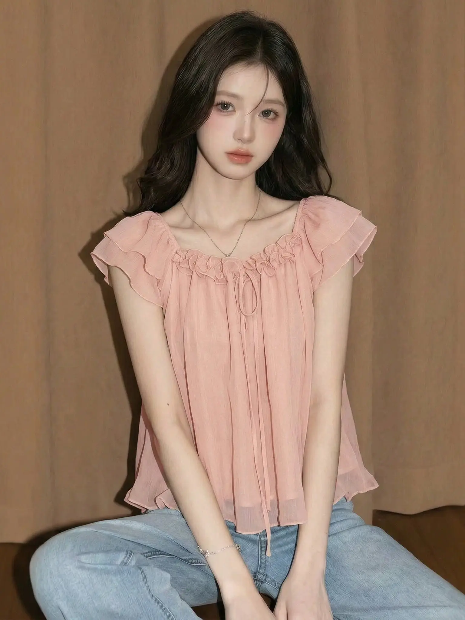 

Elegant Summer 2026 Women's Chiffon Shirt Korean Style Square Collar Fly Sleeve Gentle Wood Ear Fashionable Top