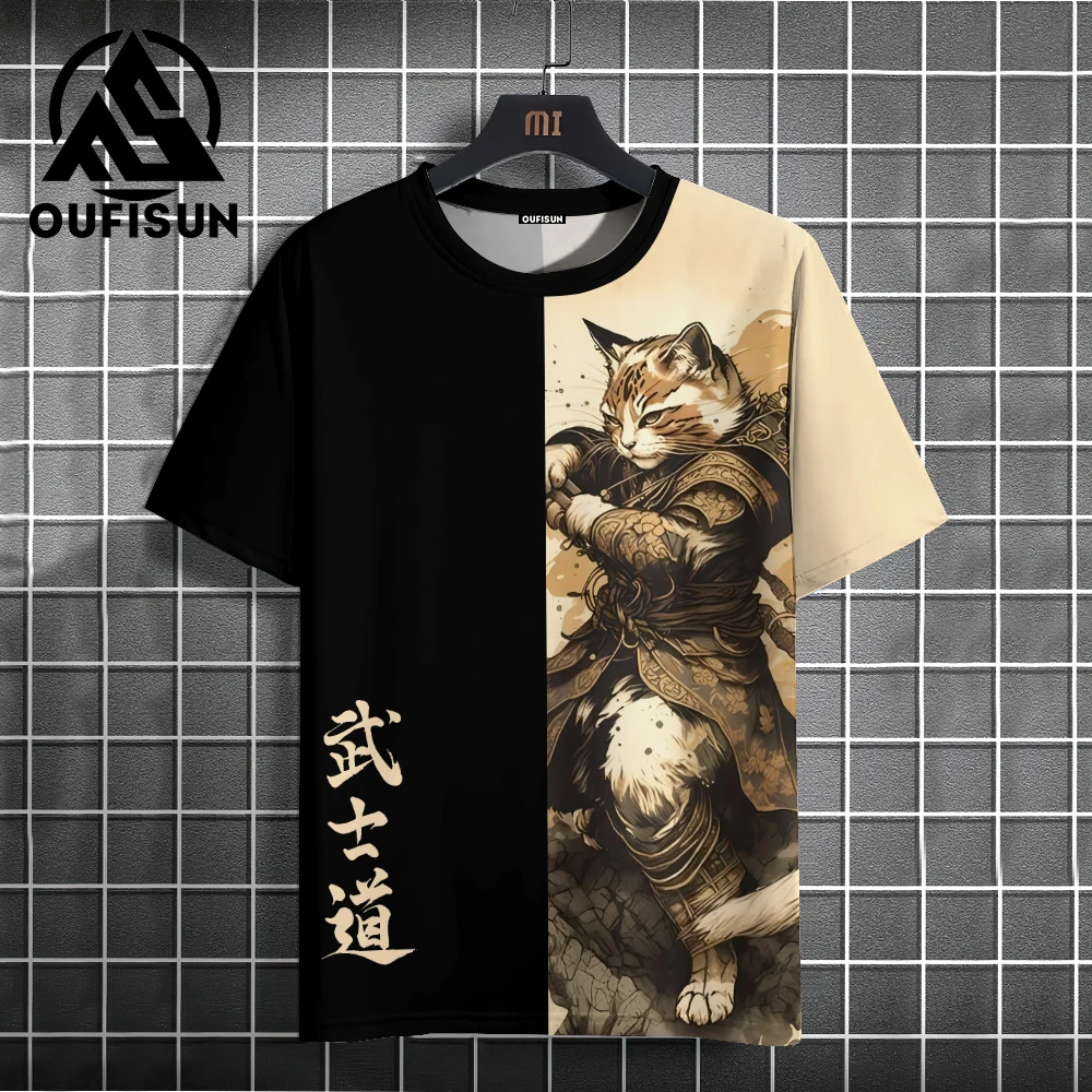 Japanese Anime Samurai Cat T-Shirt For Men 3d Animal Print Short Sleeve Tops Tees Casual T-Shirt Oversized Shirt  Men Clothing