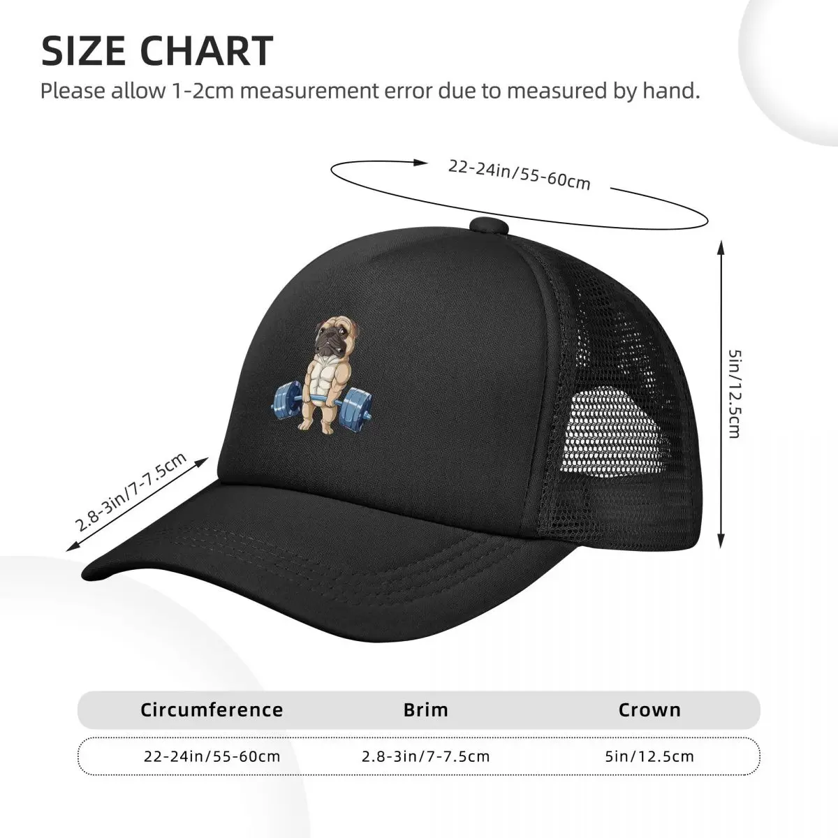 Monster Pug Dog Weightlifting Exercise Fitness Gym Workout Unisex Adult Mesh Baseball Cap for Spring and Summer