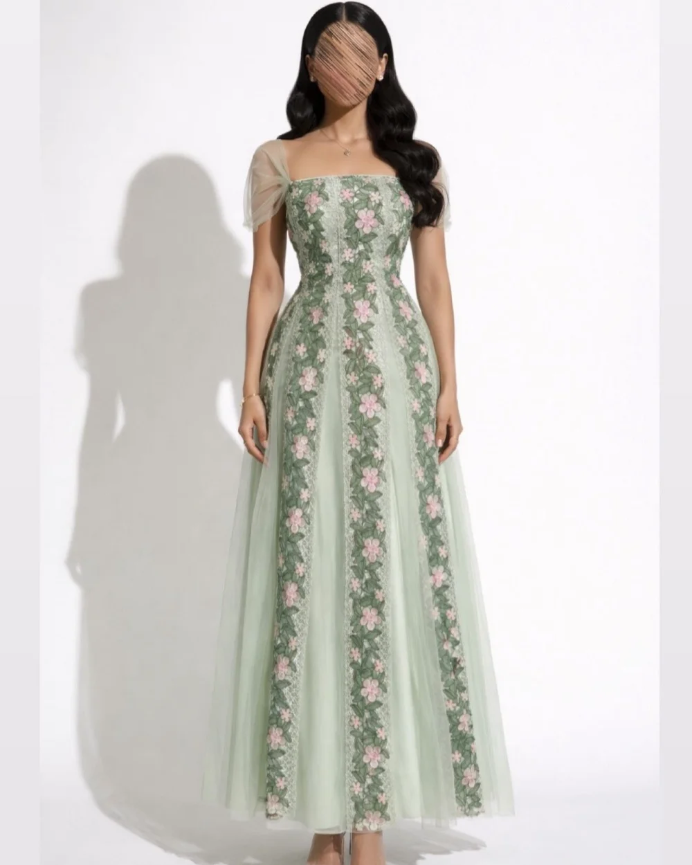 

Customized Elegant Women Tulle Handmade Flower Ruched A-line Evening Dress Formal Square Neck Short Sleeves Ankle Length Dresses