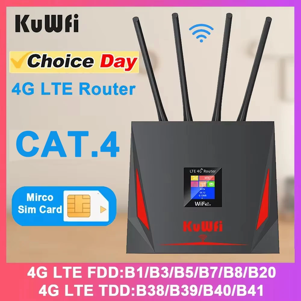 KuWFi 4G LTE Router 300Mbps Wireless Wi-Fi CAT4 LTE Router with RJ45 Port Sim Card Slot High Gain External Antennas for Home