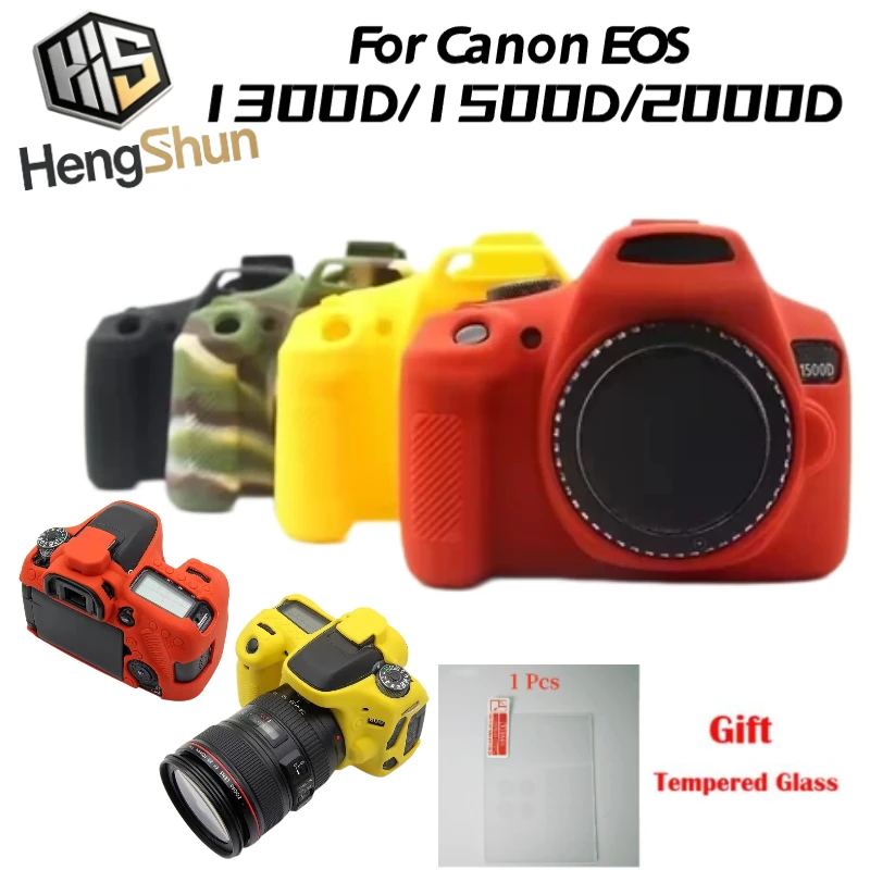 For Canon EOS 1300D/1500D/2000D Silicone Armor Skin Case Camera Bag Body Photography Protective Cover + 1PCS Free Tempered Film