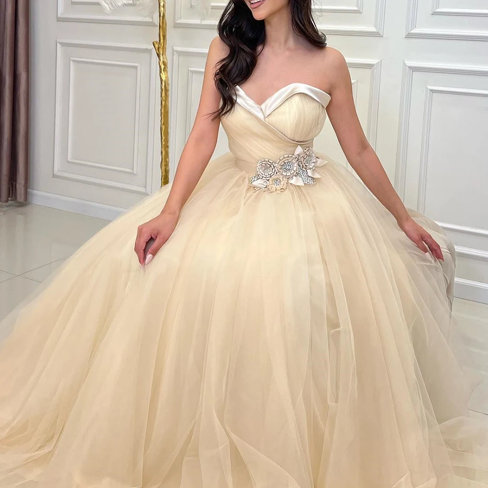 Customized Temperament Flowers Strapless Organza Evening Dress Modern A-Line Floor Length Celebrity Gowns Vestido De Noche