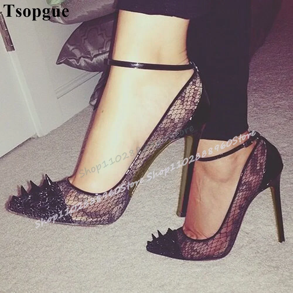 

Sexy Pointy Black Splicing Net Rivets Pumps Stilettos High Heel Women Shoes Ankle Buckle Strap Pointed Toe Party Gorgeous Boots