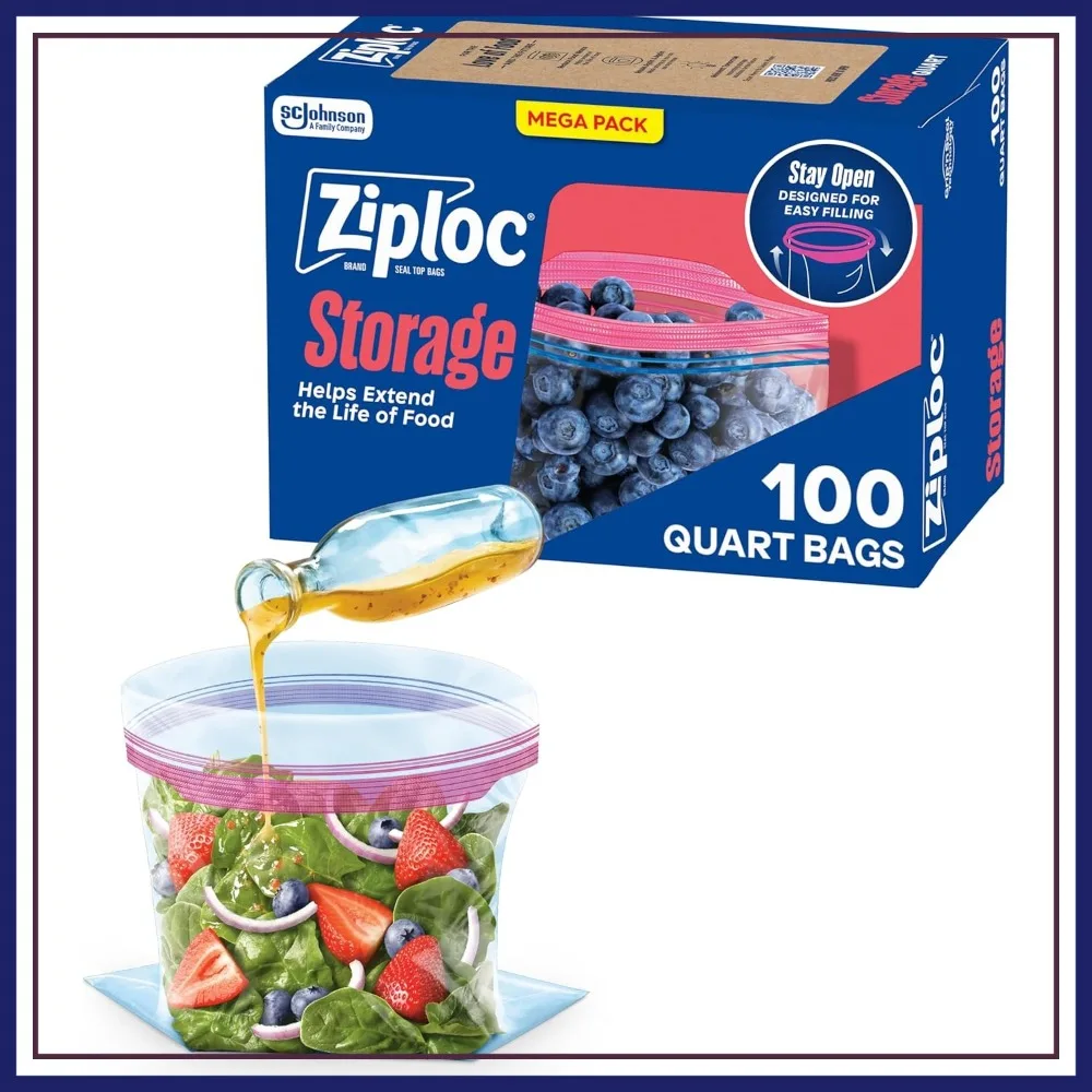 

Quart Food Storage Bags, Stand-Up Bottom, Easy Fill, 100 Count