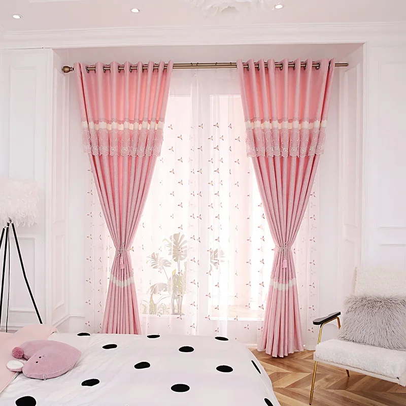 

Cute Lovely Pink Curtains for Living Dining Room Bedroom.Girl Cotton and Hemp Stitching Shading