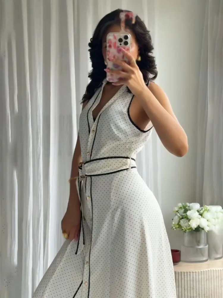 HH Frau Elegante Chic Ärmelloses einreiher Midi Kleid Sommer Frauen Sexy Weiß Polka Dot Shirt Stil Diagramm Kleid Mujer