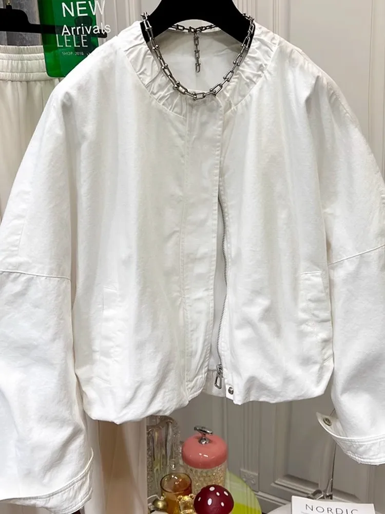 

Korean Sle Loose Fit ort Coat Simple Design Thin Fabric Folded Collar Women's Outerwear Bamboo Cotton Long Sve Zipper