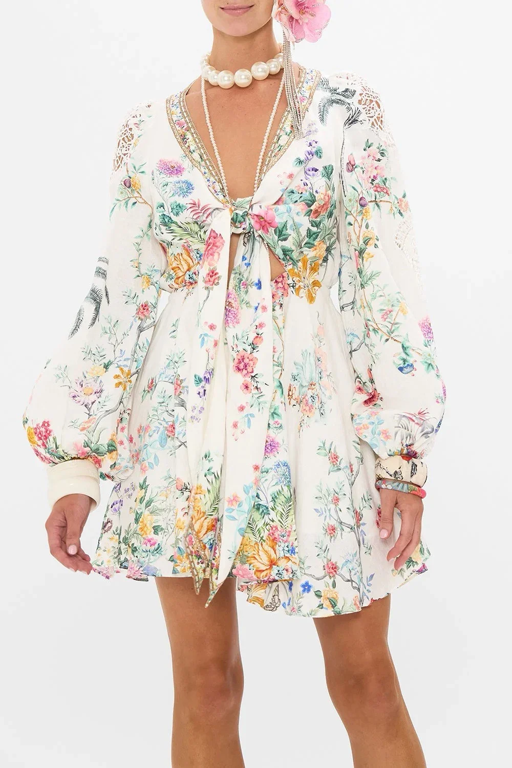 

Women's Short Robes 2024 New Spring Summer Linen Flower Printed Hollow Out Embroidered V-Neck Vintage Full Sleeve Mini Dress