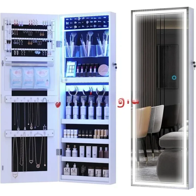 For ewelry Mirror Cabinet, Wall/Door Mounted Jewelry Armoire Organizer with 3 color LED lights Full-Length