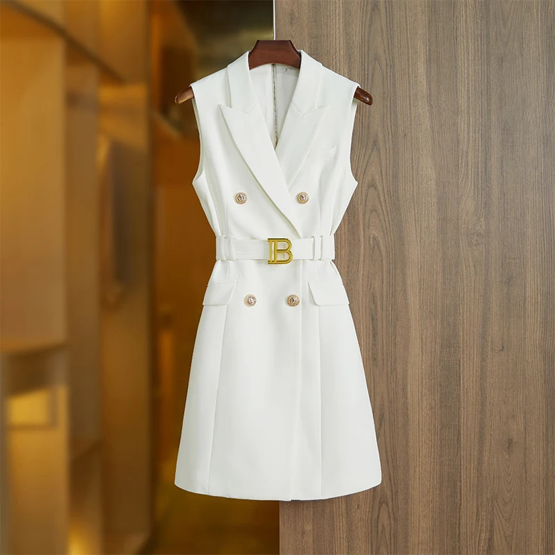 2023 Summer New Women Hot Sale High End Luxury With Belt Glod Button Sleeveless Tank Dress  Lady Chic Dress