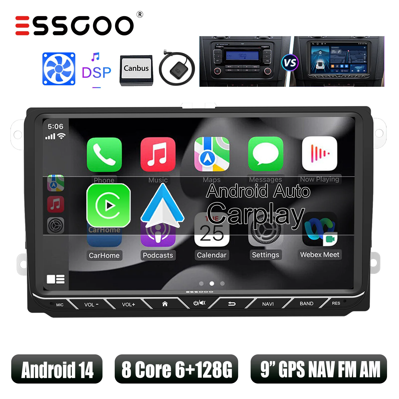 ESSGOO Autoradio 9" Android 14 6+128GB 8-core met Wireless Carplay voor VW Golf 5 6 Passat Polo Touran Tiguan Jetta, Android Auto, 4G DSP, GPS Navigatie, WiFi, FM/AM/RDS