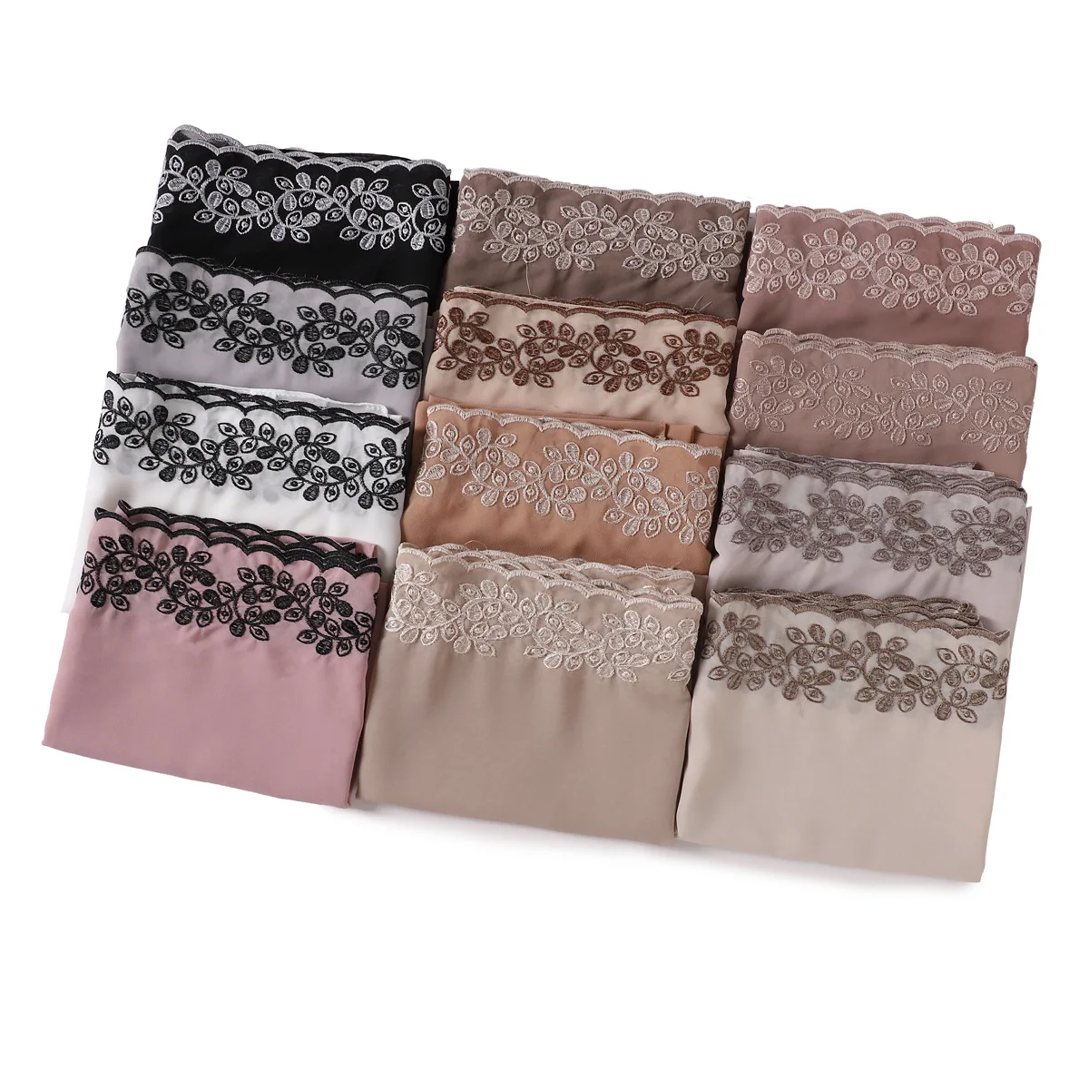 Fashion Plain Lace Flower Pearl Chiffon Hijab Shawl Wrap Women Headband Stoles Headscarf Muslim Bufanda Foulard Bandanas  Turban