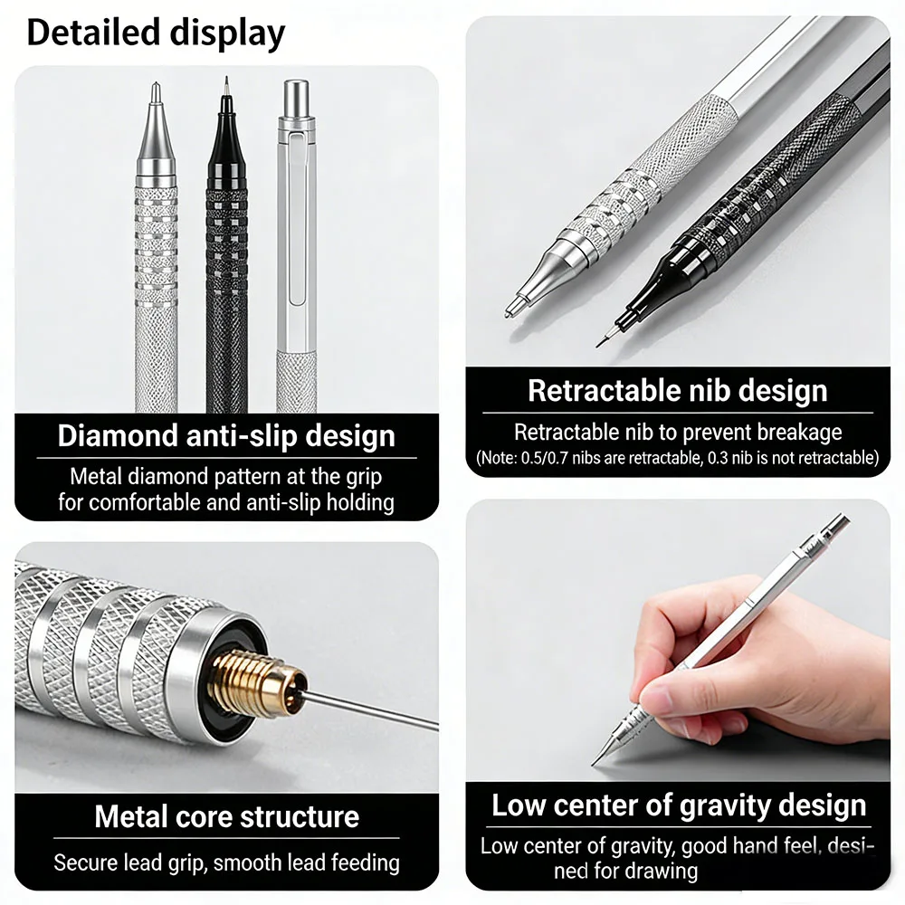 JOMPENS Metall-Druckbleistift 0,7/0,9/0,3mm Nachfüllbar mit Niedrigem Schwerpunkt Automatischer Bleistift für Kunst, Malen, Schreiben und Schreibwaren – Detail 15
