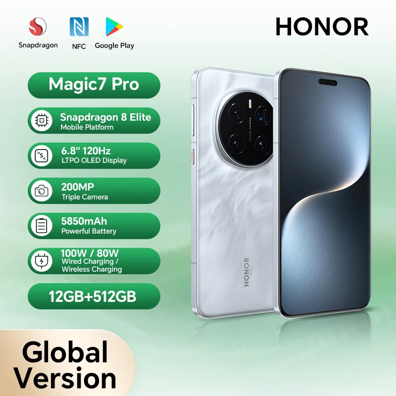 الإصدار العالمي للهاتف الذكي HONOR Magic7 Pro 5G بشاشة 6.8 بوصة 120 هرتز OLED شاشة Snapdragon 8 Elite 100 وات شحن سريع