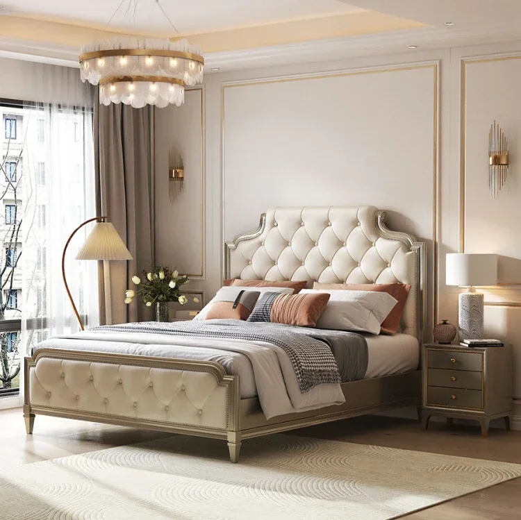 American-style light luxury leather bed, double bed, leather bed, master bedroom, 1.8 meters, 2 meters queen