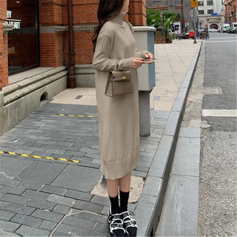 Autumn Winter Elegant Retro Women's Knitted Dress Casual Loose Solid Color Turtleneck Long Sleeved Dresses VestidosПлатьеЖенское