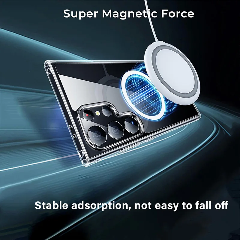 جراب هاتف مغناطيسي شفاف for Magsafe لسامسونج جالاكسي S24 23 22 Ultra Plus شفاف مقاوم للصدمات غطاء خلفي للشحن اللاسلكي