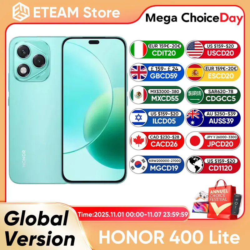 2025 New Global Version HONOR 400 Lite 5G Smartphone 6.7’’ AMOLED 120Hz Screen Mediatek Dimensity 7025 Ultra 108MP Camera IP65