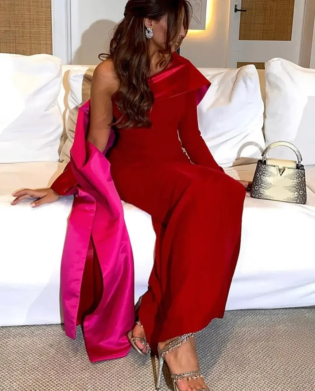 Saudi Mermaid Long Sleeve Prom Dresses Back Party Gowns One Shoulder Party Dresses Ankle Length Side Split Evening Dresses