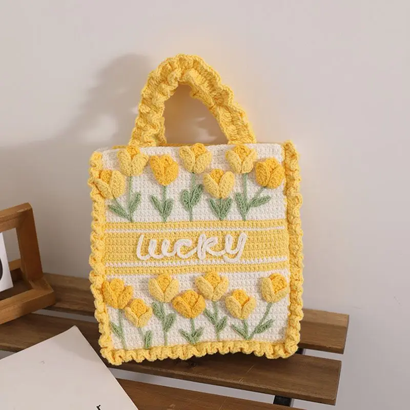 

【DIY Materials Package】Yellow Tulip Flower Hand Woven Bag Yarn Crochet Knitting Hook Hand Made Handbag Homemade Gift Girl Friend