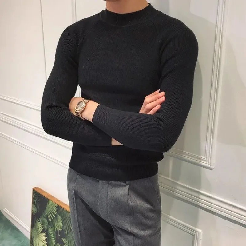Outono inverno novo estilo meia gola alta para homens luz luxo estilo coreano na moda fino ajuste versátil sólido camisola de fundo topo