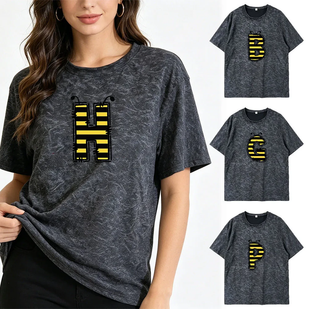 Women New Arrival Summer Round Neck Short Sleeve Initials patter T‑Shirts Casual Daily Couple Matching Soft Streetwear Tees Tops