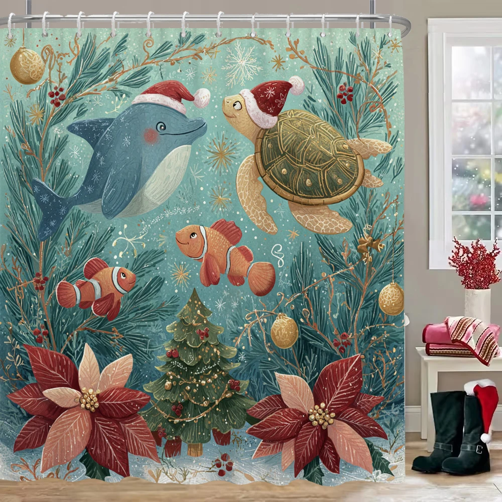 

Christmas Shower Curtain, Bathroom Decorative Christmas Underwater world Shower Curtain, Waterproof Shower Curtain with Hooks