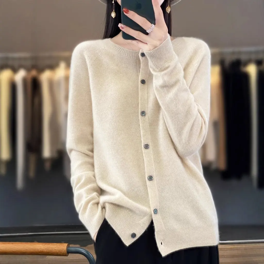 Indumento da donna di prima linea Cardigan lavorato a maglia Maglione di lana Dimagrante girocollo Top a maniche lunghe per l'autunno e l'inverno