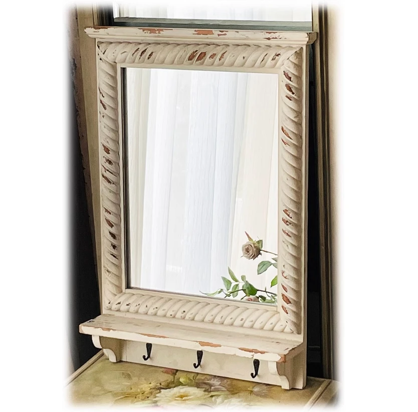 

Country Chic Vintage Retro White Wood Wall Decorative Mirror with Floating Shelf and Hooks