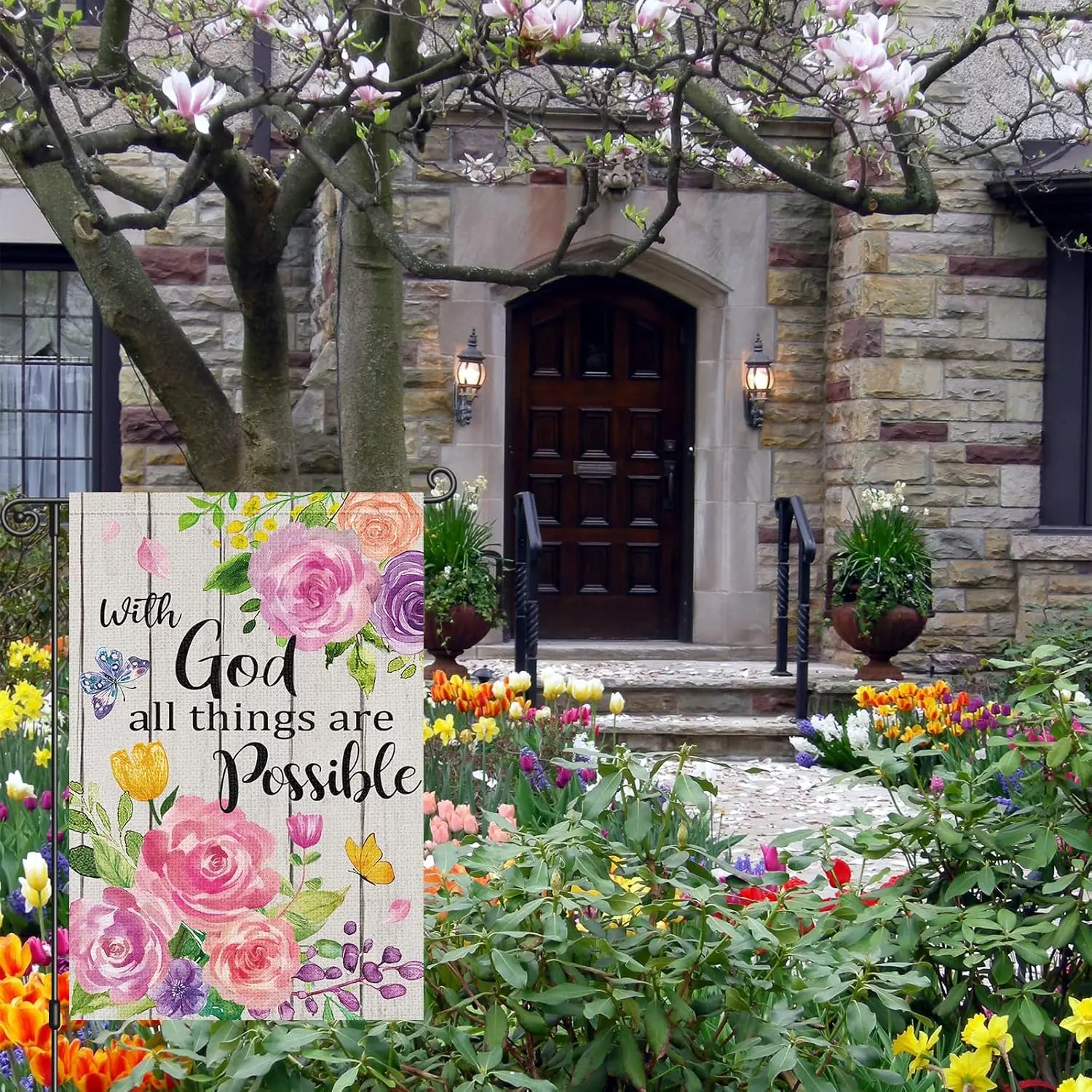 Louise Maelys Spring Garden Flag With God All Thingd Are Possible Floral Butterfly Double Sided 12x18 Inch Seasonal Welcome  WWP