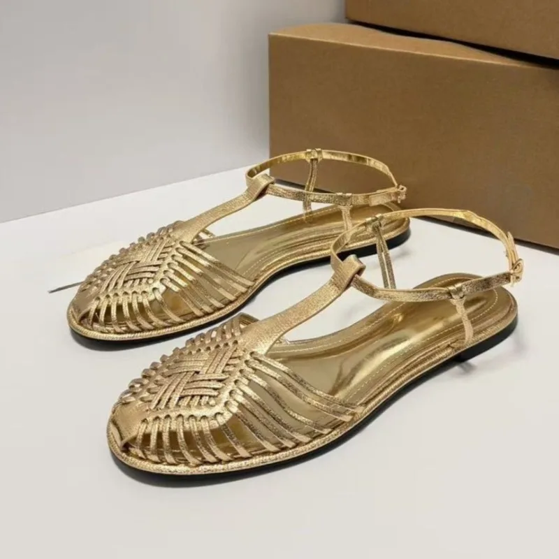 

Woven T-Strap Flat Sandals for Women Retro Round Toe Ankle Buckle big size 2026 Summer Breathable Roman Style Ladies Beach Shoes