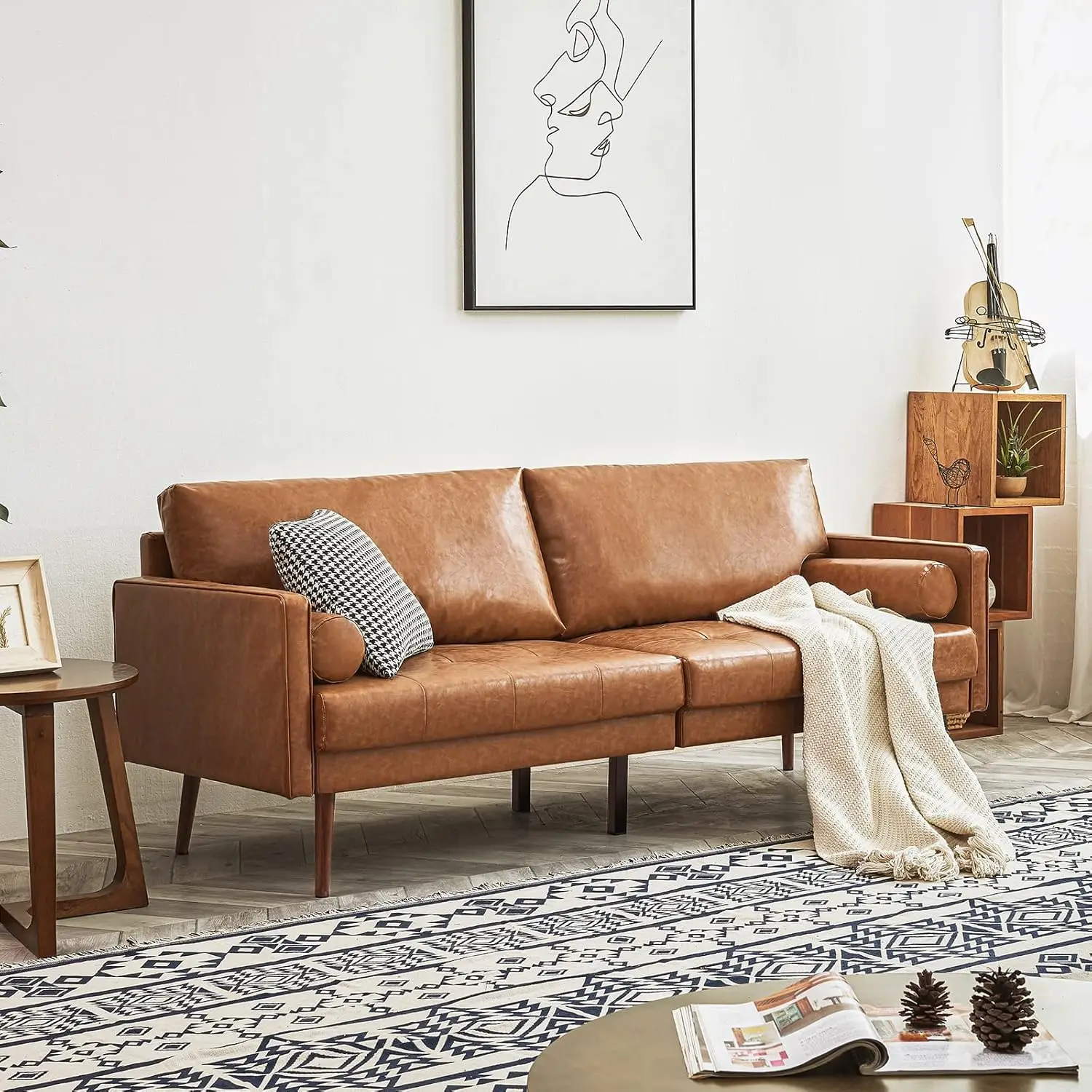 

Leather Sofa Couch, Mid-Century 73 Inch 3 Seater Leather Couch with Hand-Stitched Comfort Cushion