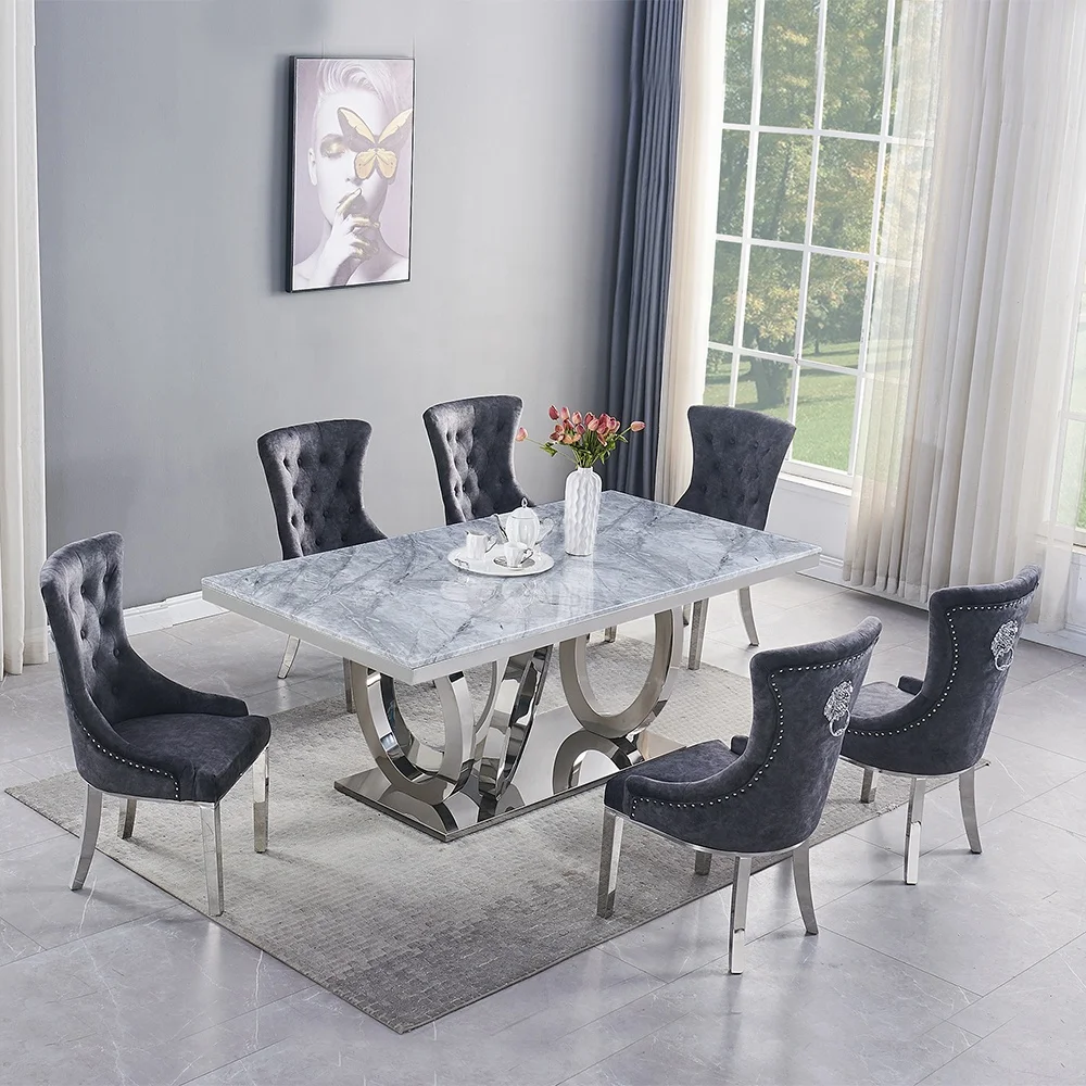 China furniture marble dinning room table set metal chrome stainless steel silver grey luxury minimalist dining table 8 seater