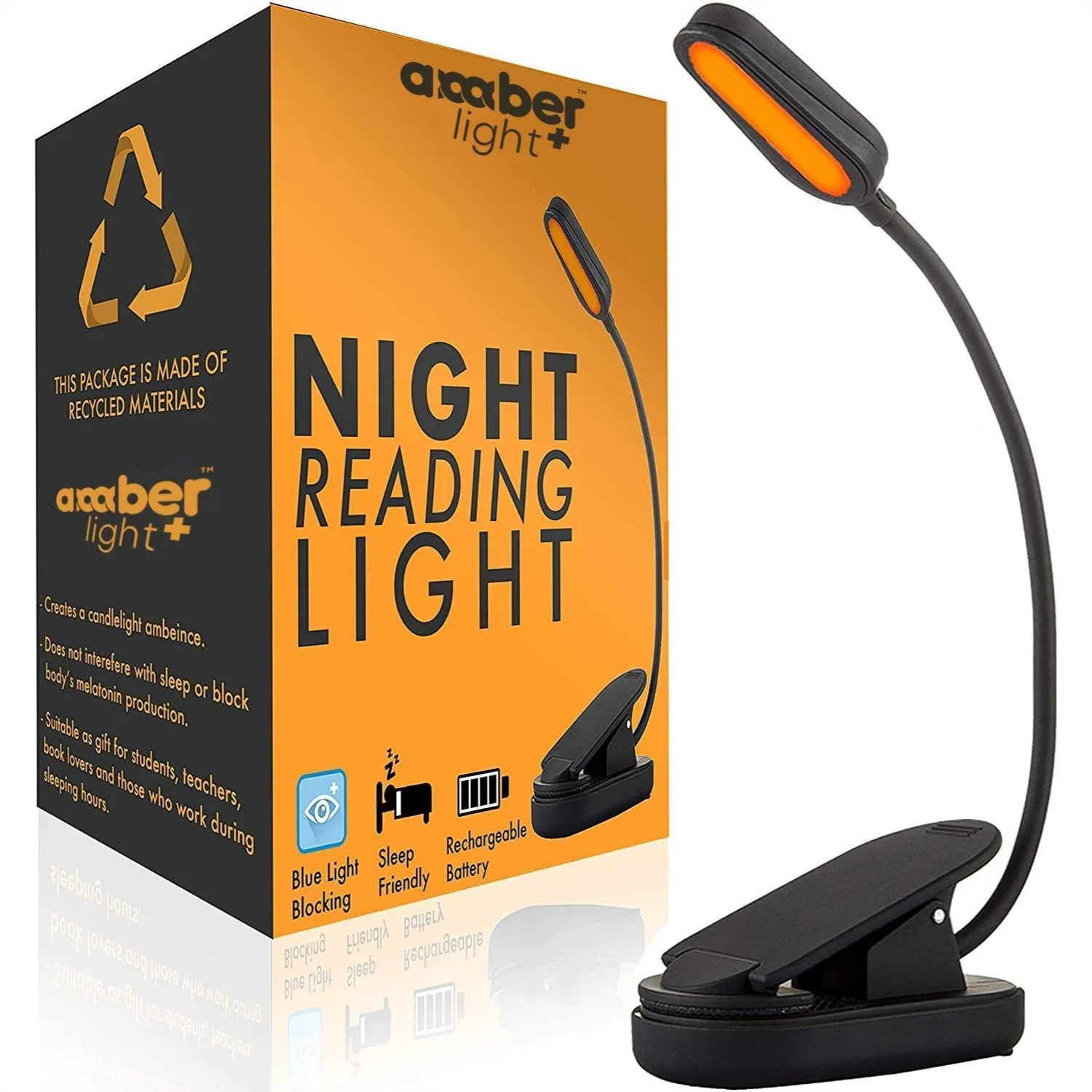 

Amber Book Light For Reading In Bed, Rechargeable LED Reading Light With Adjustable Brightness, Portable Clip On Light For Kindle And Books