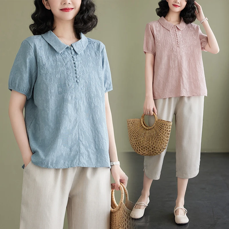 

Летний модный комплект из хлопка и льна ort Sve irt для мамы, женский костюм-двойка большого размера с воротником, модный ансамбль