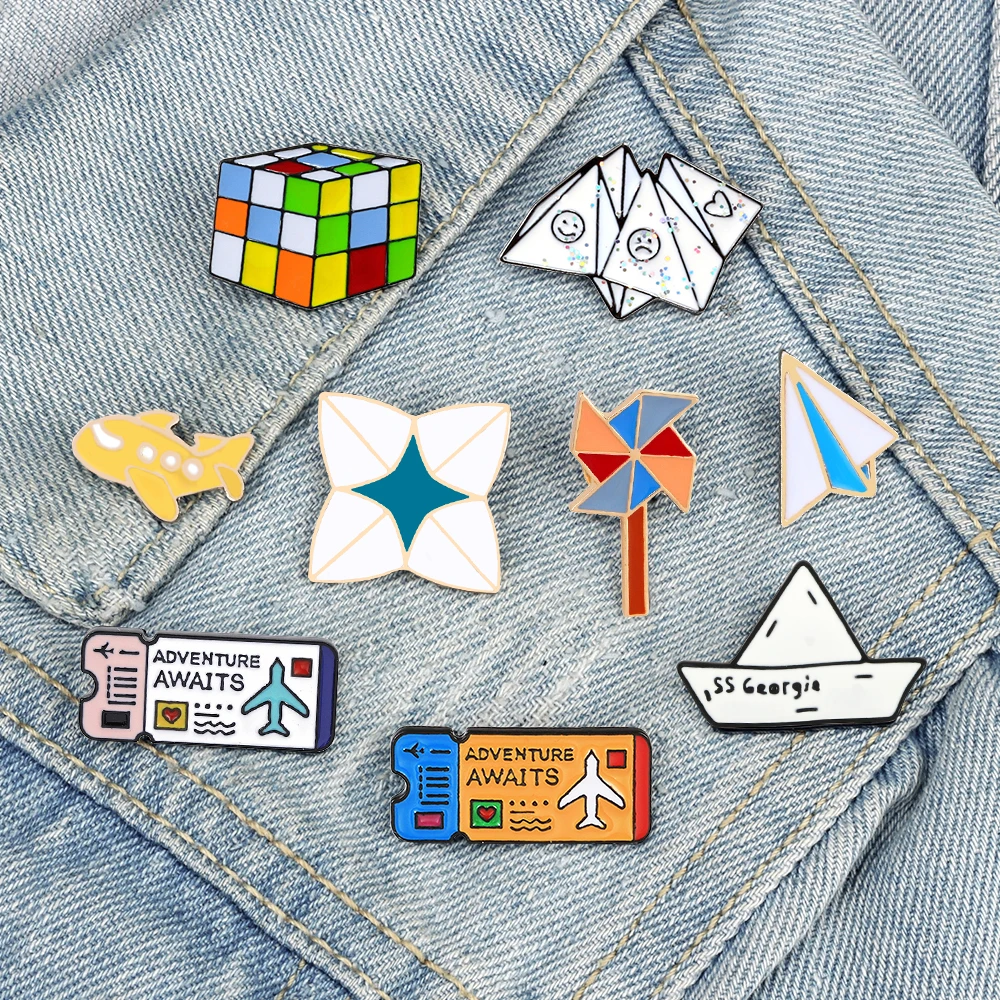 Funny Childhood Memory Enamel Pins Cartoon Airplane Paper Boat Brooch Bag Cloth Lapel Badge Aircraft Ticket Kids Friends Jewelry