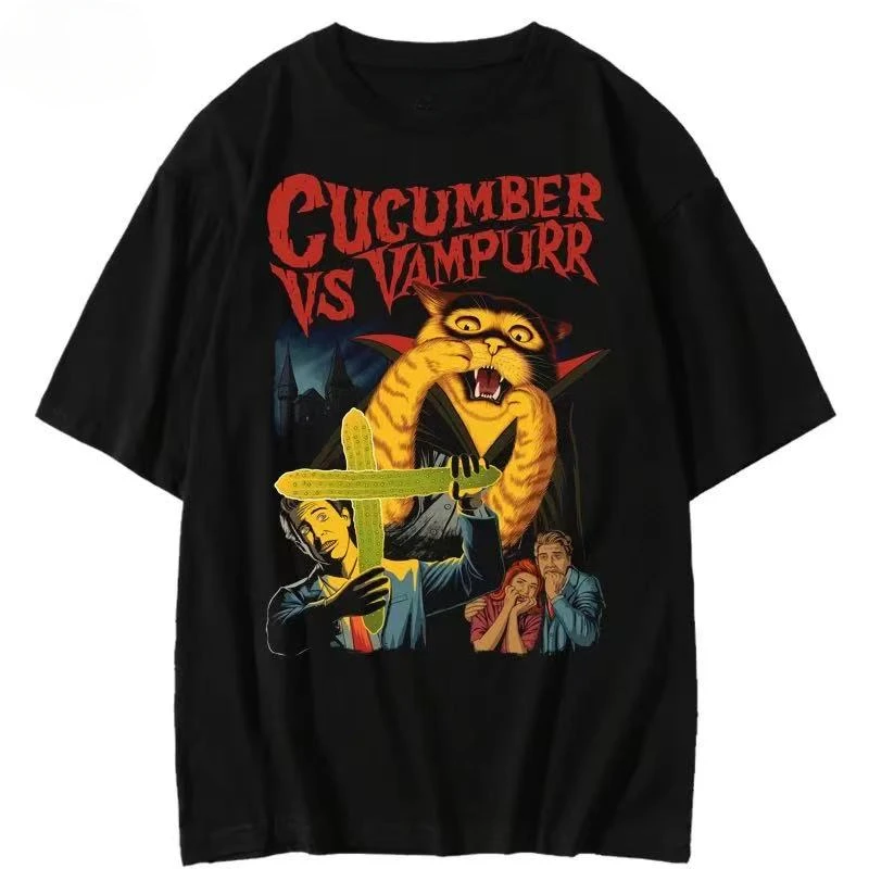 

Jiyu New American Retro Vampurr Cat Cat Vampire Cotton Short Sleeve T-shirt Loose Men's Women's Trendy Men's New Casual Loose