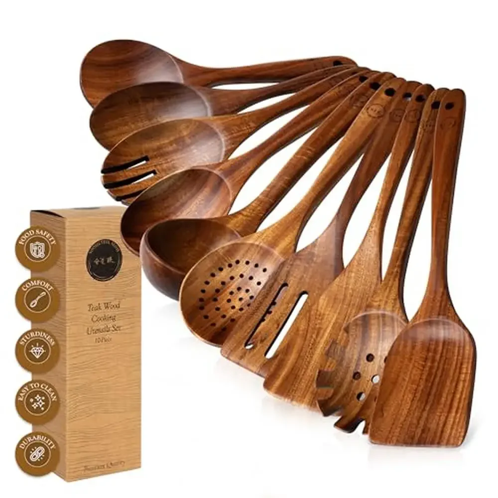 

10-Piece Teak Wood Cooking Utensil Set Smooth Finish Non-Stick Durable Heat Resistant Grip Safe Natural Materials Unique Gift