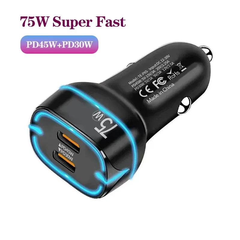 

2Port PD 75W car charger PD45W+PD30W car phone charger for HUAWEI iPhone Samsung Xiaomi fast charging cigarette lighter adapter